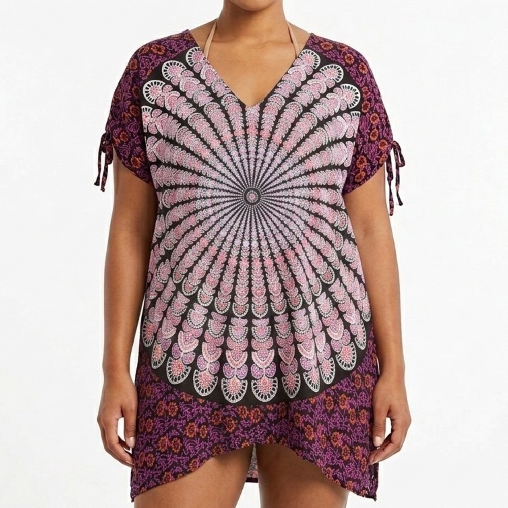 YOA Bohemian Mandala Elephant Print Rayon Beach Cover Up Kaftan OS Purple Pink